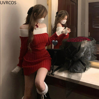 Sexy Red Christmas Dress Women Autumn Winter Korean Style Slash Neck Bodycon Knitted Dresses Female Elegant Y2k Party Mini Dress - AMULET RING STORE