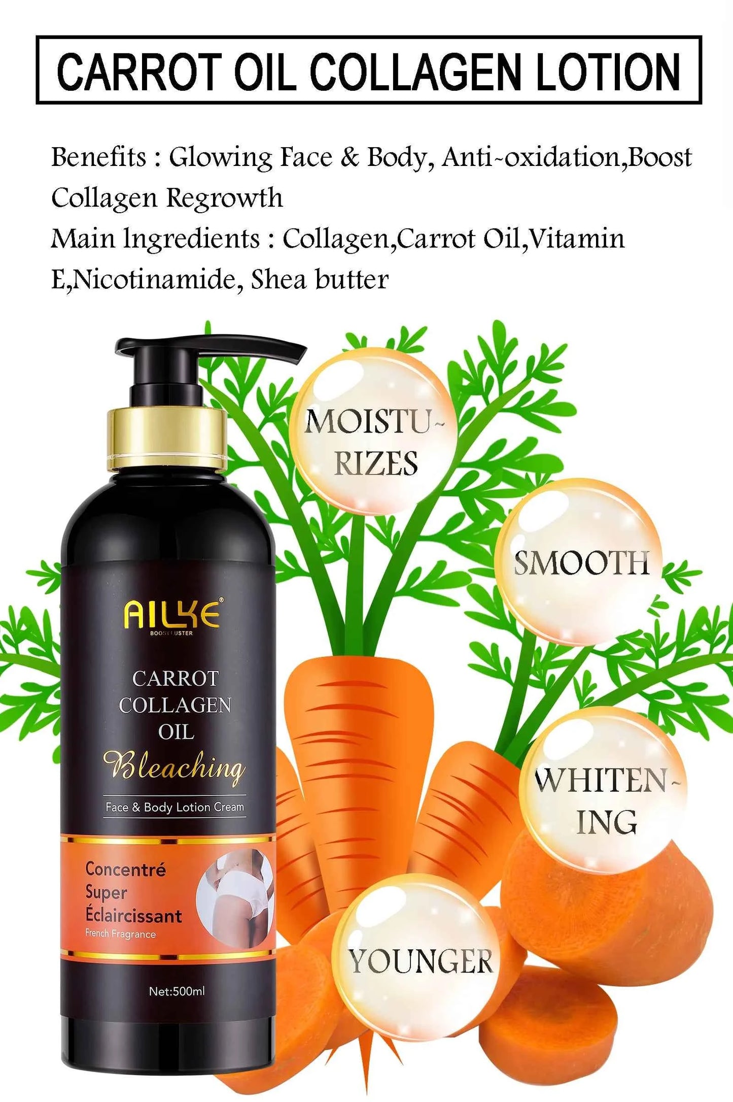 AILKE Bleaching Whitening Anti Wrinkle Lotion Cream, For Face, Body, With Nicotinamide Glutathione, Huge Bottle 500ml/16.9 OZ