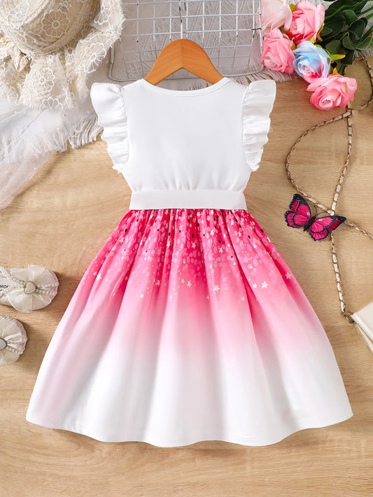 Girls Spring Summer Knitted Casual Fashion Round Neck Fly Sleeve Ruffle Butterfly Dresses