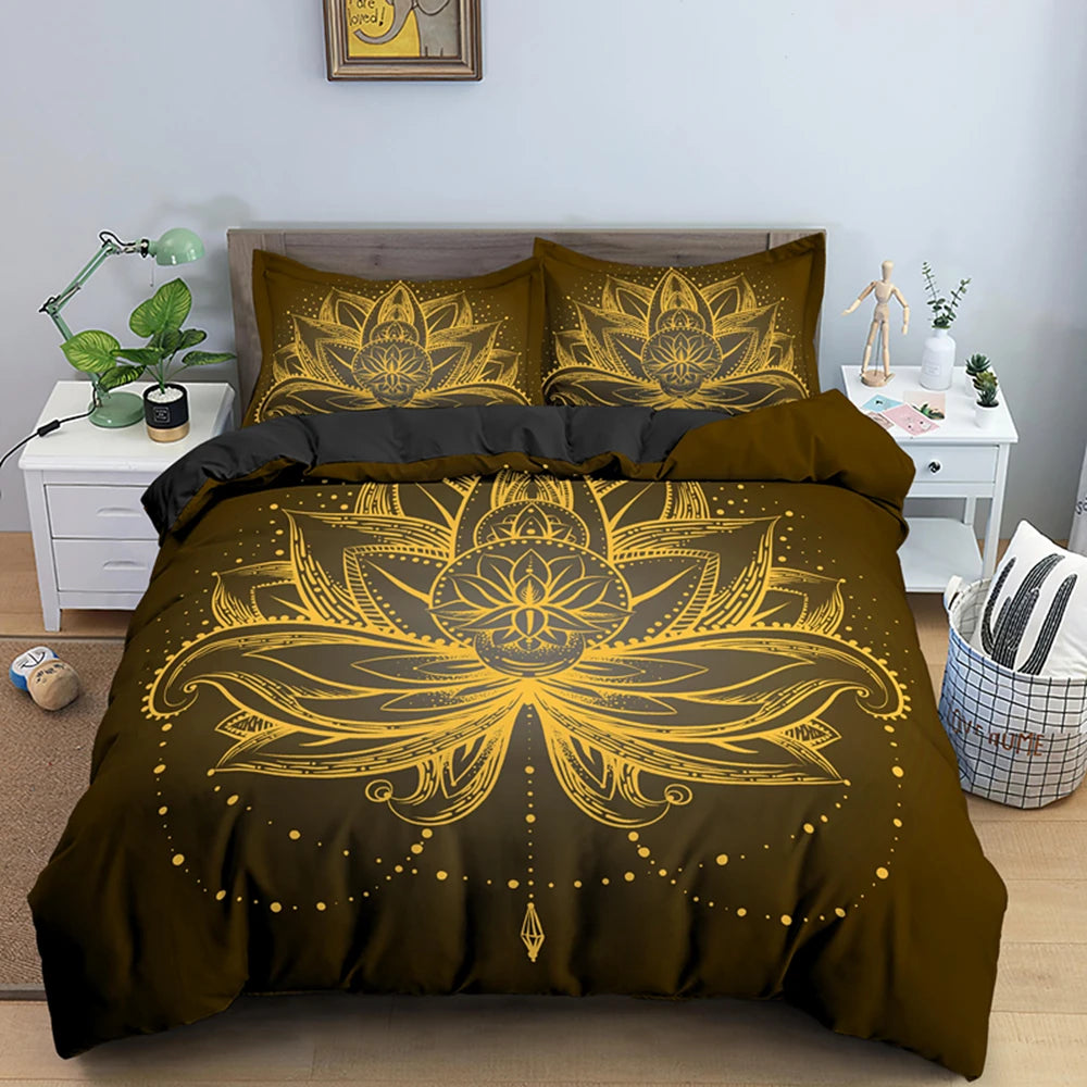 2/3pcs Bed Set Bohemian Lotus Duvet Cover Set Mandala Flower Quilt Cover Adult Black Polyester Bedding Set Queen King Twin Teens - AMULET RING STORE