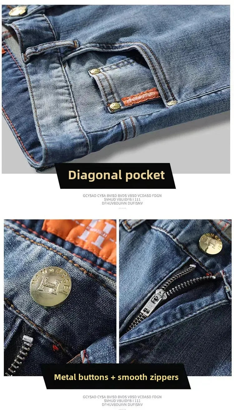 2024 Summer Lightweight Luxury European Style Jeans Men's Slim Fit Casual Long Pants Trendy High End Brand