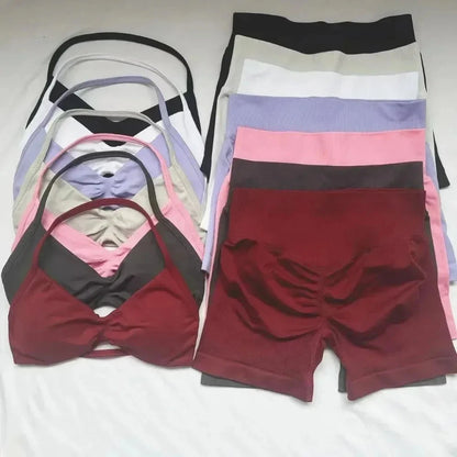 WHENG Gym Set 2 Piece Women Strappy Yoga Bra Top Workout Scrunch Shorts Sports Suit Fitness Clothes Seamless Yoga Set