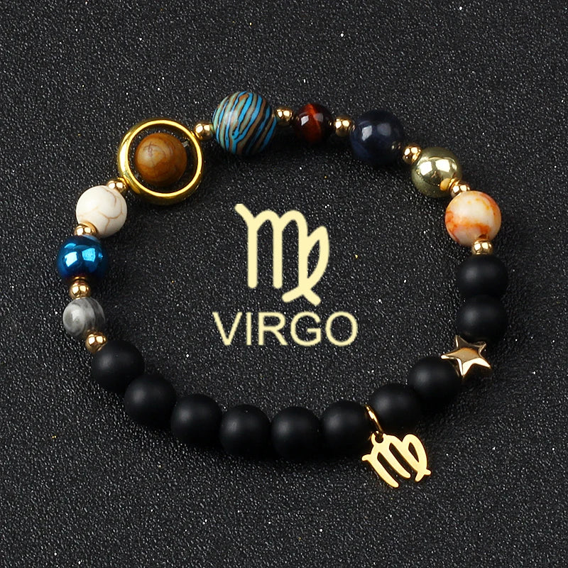 Universe Galaxy Eight Planets 12 Constellation Bracelets for Women Natural Stone Solar System Bracelets Libra Virgo Leo Jewelry