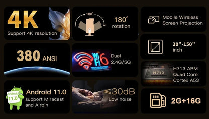 FGHGF HY320 Mini Upgrade Native 720P Android 11 Projector 300ANSI Wifi6 BT5.0 4K Cinema Outdoor Portable 180 ° Rotable Projector