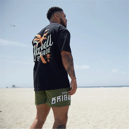 Barbell Brigade PALM TREE TEE Muscle Fitness Casual T-shirt Summer Men's Athleisure Workout Shirts Gym Sport Unisex Shirt Tops - AMULET RING STORE