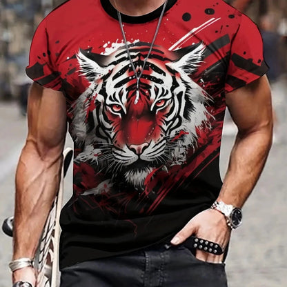 Summer men's 3D lion and tiger pattern T-shirt, casual micro elastic breathable T-shirt, suitable for outdoor jogging wear - AMULET RING STORE