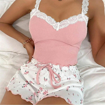 Women's Two-Piece Summer Ribbed Knitted Flower Print Lace Trimmed Camisole Vest and Bow Shorts Sexy Pajama Set - AMULET RING STORE