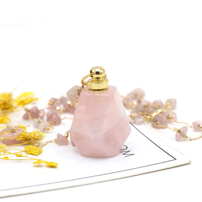 Natural Stone Rose Quartz Perfume Bottle Essential Oil Diffuser Reiki Healing Exquisite Necklace Jewelry Gift - AMULET RING STORE