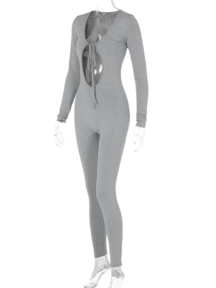 Dulzura Solid Pure Hole Hollow Out Straps Lace-Up Jumpsuit Long Sleeves 2023 Summer Autumn For Women Sexy Streetwear Wholesale - AMULET RING STORE