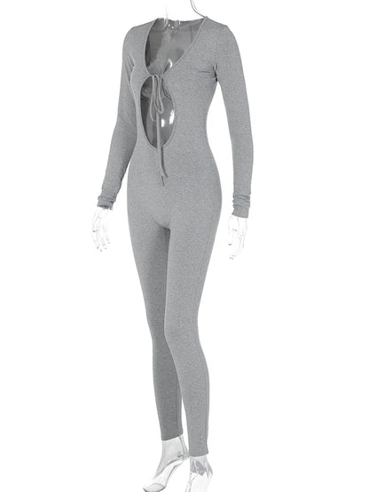 Dulzura Solid Pure Hole Hollow Out Straps Lace-Up Jumpsuit Long Sleeves 2023 Summer Autumn For Women Sexy Streetwear Wholesale - AMULET RING STORE