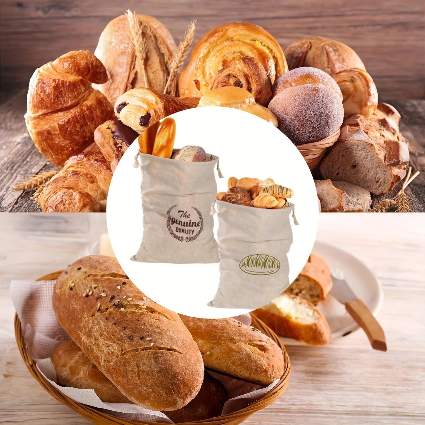 1/6pcs Reusable Linen Bread Bag Baking Storage Container for Toast Unbleached Preservation Bag with Drawstring Kitchen Organizer - AMULET RING STORE