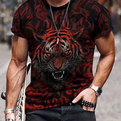 Summer men's 3D lion and tiger pattern T-shirt, casual micro elastic breathable T-shirt, suitable for outdoor jogging wear - AMULET RING STORE