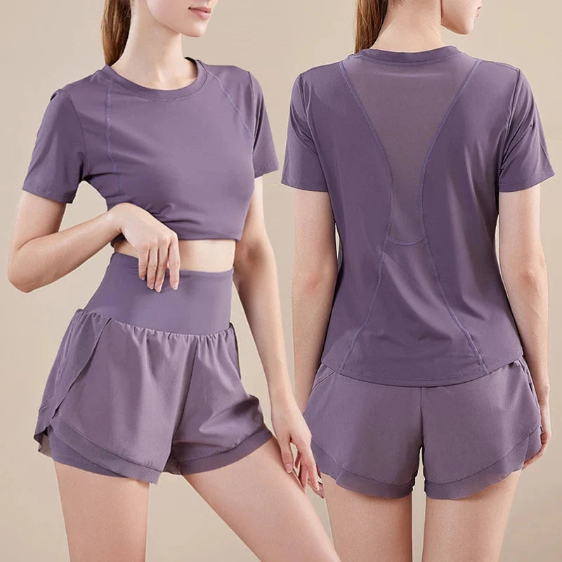 Yoga Set Women Sport T-Shirt Back Mesh Design High Waist Shorts Quick Dry Run Yoga Sports Short Sleeve Shorts Two-piece Yoga Set