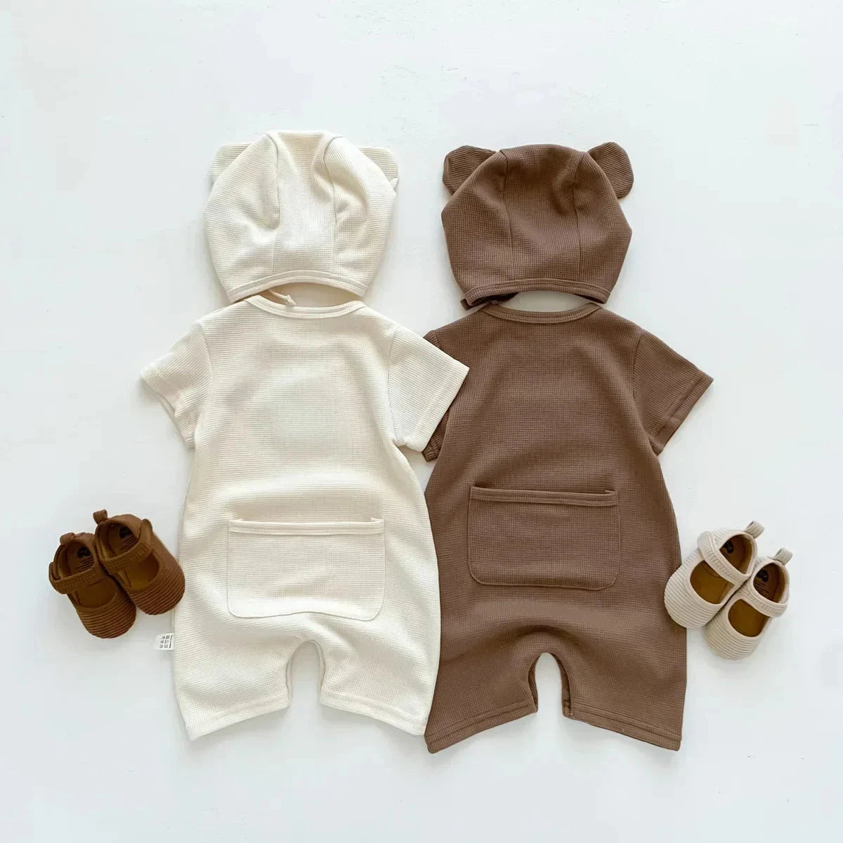 Cotton Romper Gift Hat with Ear New In Summer Kids Baby Girls Boys Short Sleeve Waffle Patch Bear Infant Newborn Jumpsuits - AMULET RING STORE
