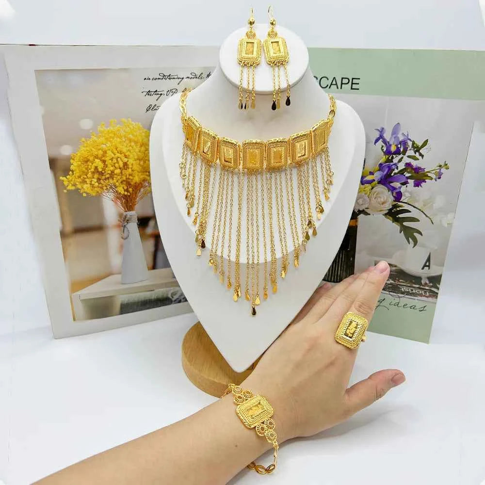 Earring Tassel Necklace Middle East 4pcs Jewelry Women Cuff Bangles with Ring Jewelry Dubai Fashion Set African Jewelry Wedding