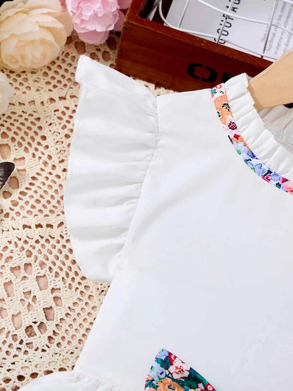 New Kids Girl Dress Summer Floral with Bow Fashion White Vestidos Short Sleeve Children Clothing Outfits Casual Printed  Dresses