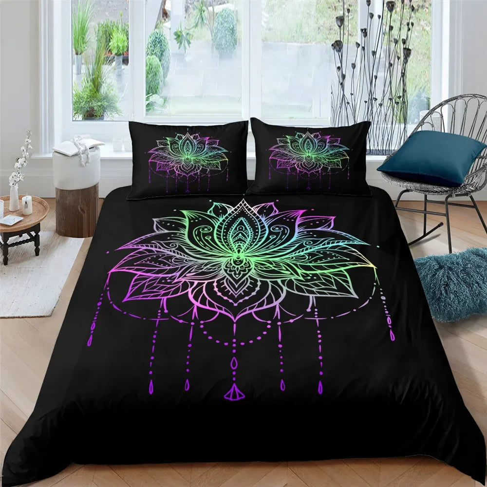 2/3pcs Bed Set Bohemian Lotus Duvet Cover Set Mandala Flower Quilt Cover Adult Black Polyester Bedding Set Queen King Twin Teens - AMULET RING STORE