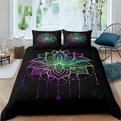 2/3pcs Bed Set Bohemian Lotus Duvet Cover Set Mandala Flower Quilt Cover Adult Black Polyester Bedding Set Queen King Twin Teens - AMULET RING STORE