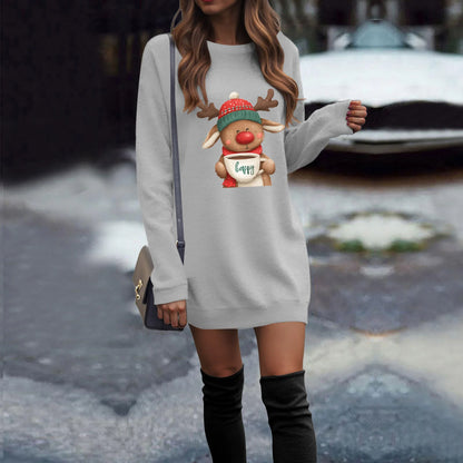 Ladies Casual Christmas Printed Round Neck Pullover Long Sleeved Sweatshirt Dress Comfy Striped Print Long Sleeve Sweatshirt
