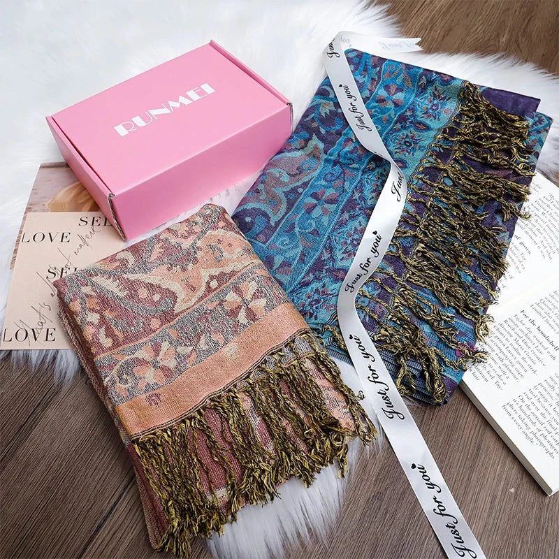 Luxury Pashimina Embroidery Muslim Hijab for Women Winter scarf Pareo Cape Warm Chunky Heaqdscarf Blue Lady Elegant Poncho - AMULET RING STORE