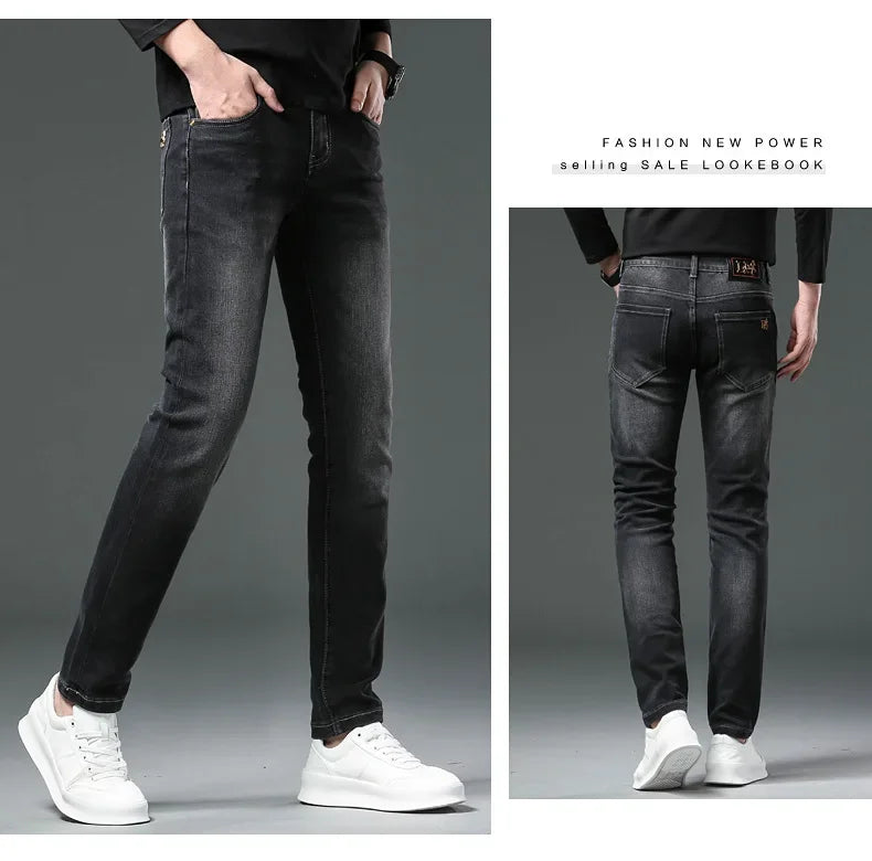 H Home Autumn/Winter Thickened European Style High-End Jeans Men's Trendy Brand Slims Smooths Your Silhouette Small Footed Trend