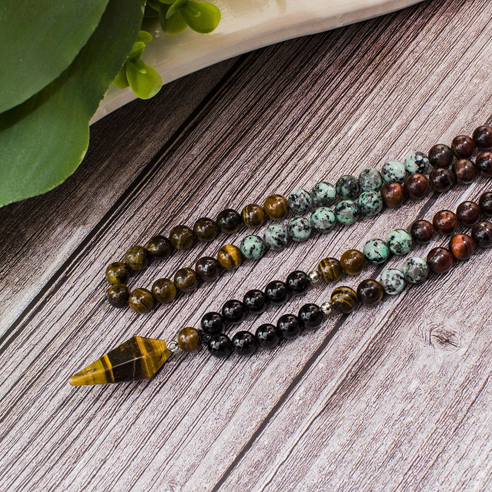 8mm Black Onyx African Turquoise Beads 108 Mala Necklace Meditation Yoga Prayer Japamala Set with Tiger Eye Pendant Jewelry