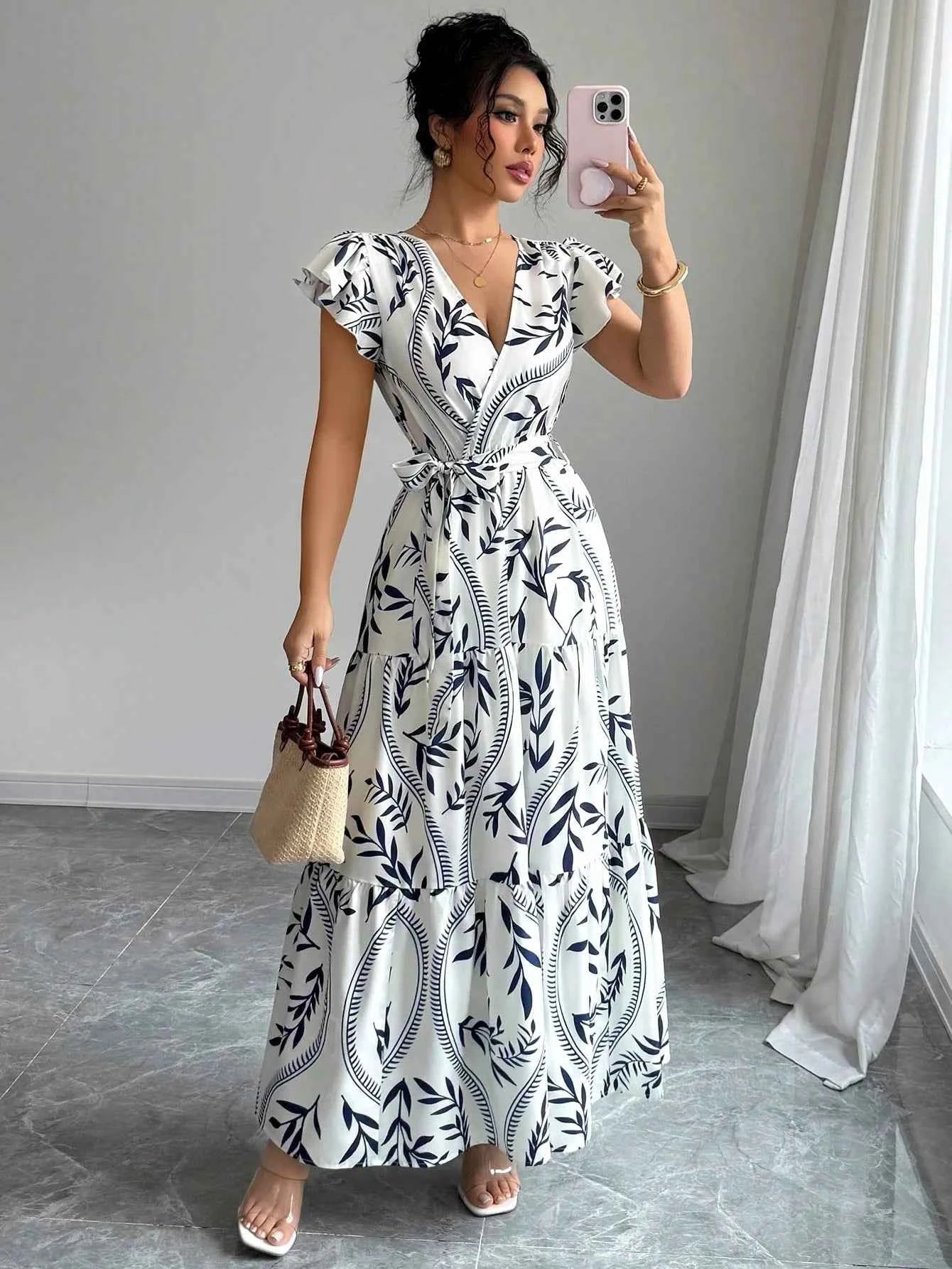 New Summer Women's Printed Lace-up Dress,Short Sleeved Dresses,White Dresses,Elegant Dresses For Ladies,Woman's 2025 Clothing