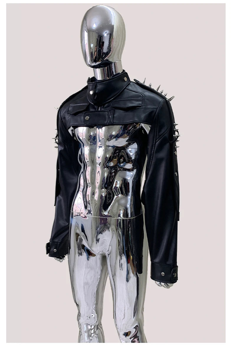 Mauroicardi Spring Autumn Cool Black Cropped Faux Leather Jacket Men Rivet Long Sleeve Zip Up Luxury Punk Style Emo Clothes 2025