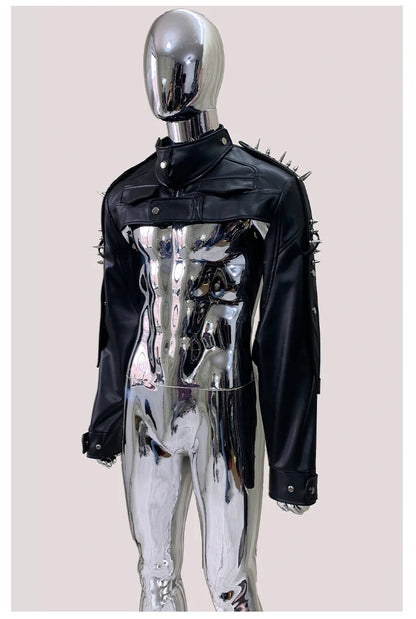 Mauroicardi Spring Autumn Cool Black Cropped Faux Leather Jacket Men Rivet Long Sleeve Zip Up Luxury Punk Style Emo Clothes 2025