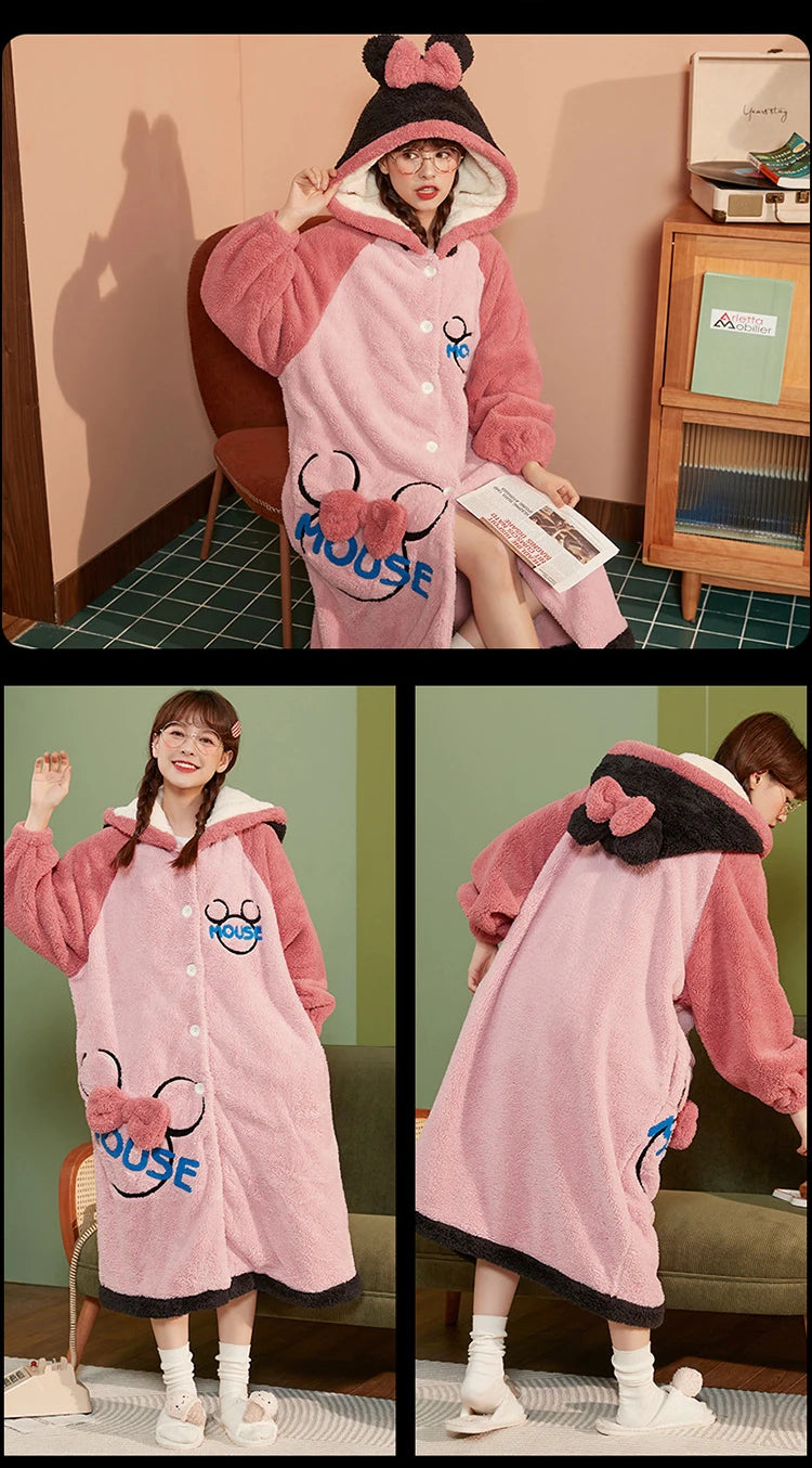 2024 Winter Pajamas For Women Cartoon Hooded Long Robe Strawberry Jacket Cute Home Wear Sleepwear Kawaii Flannel Warm Bathrobe - AMULET RING STORE