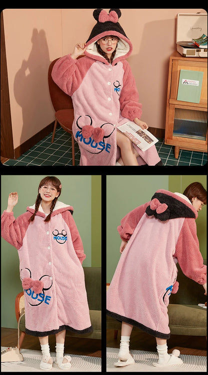 2024 Winter Pajamas For Women Cartoon Hooded Long Robe Strawberry Jacket Cute Home Wear Sleepwear Kawaii Flannel Warm Bathrobe - AMULET RING STORE