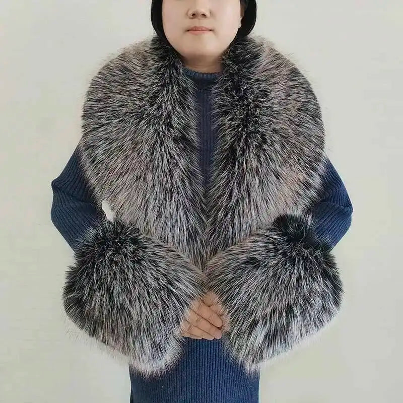 Large Winter Faux Fox Fur Scarf Women Jackets Warm Fluffy Shawl Fashion Artificial Fur Collar And Cuff Set Fluffy Scarves Female