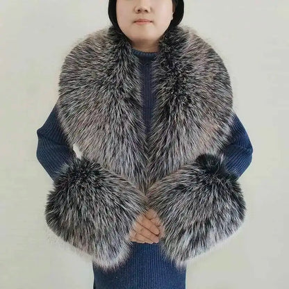 Large Winter Faux Fox Fur Scarf Women Jackets Warm Fluffy Shawl Fashion Artificial Fur Collar And Cuff Set Fluffy Scarves Female