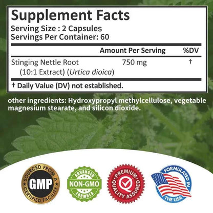 Stinging Nettle Root Capsules - Promotes Prostate and Urinary Tract Health, Reduces Urinary FrequencyCapsule