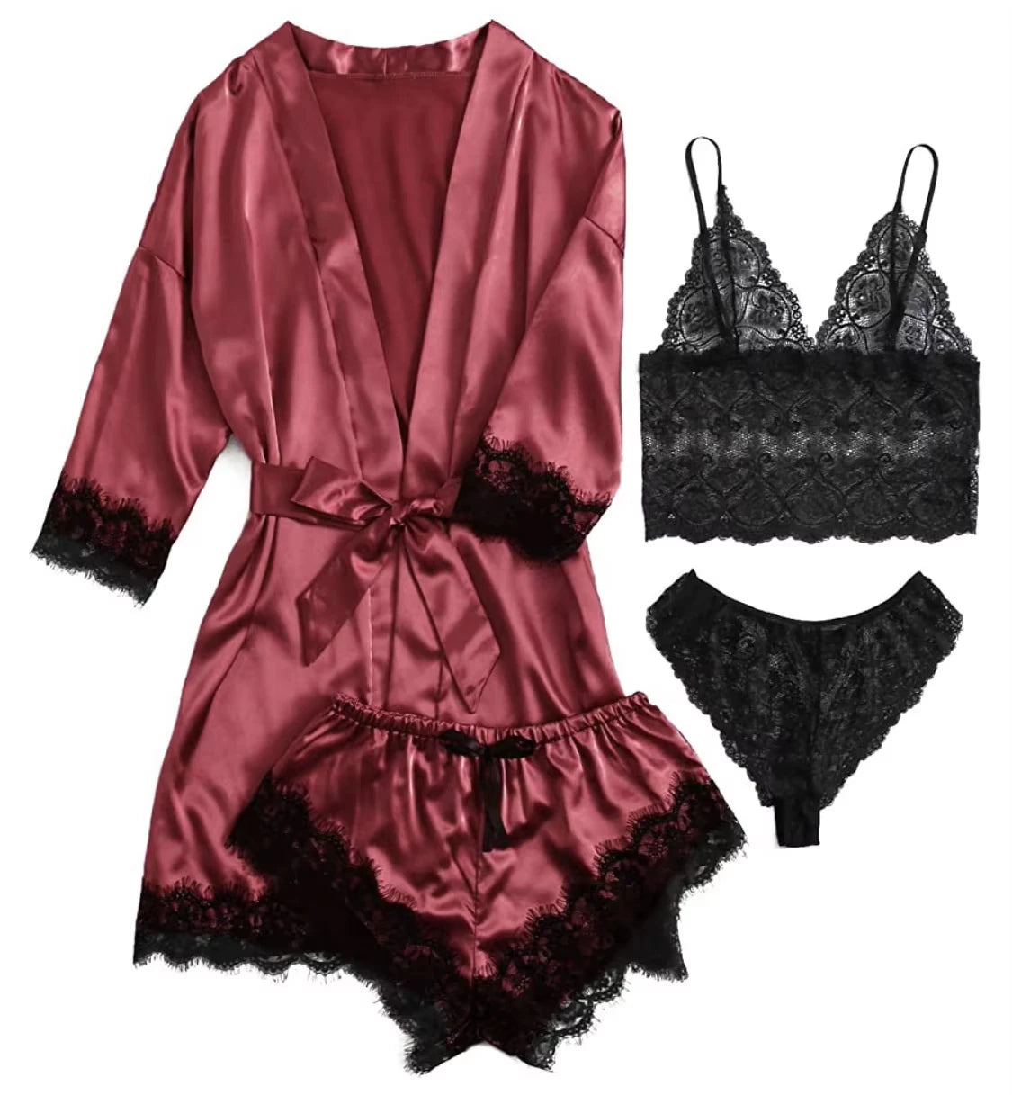 2025New Women's Pajama Fashion 4-piece Set Lace Satin Strap Sexy Pajama Set Dress Skin friendly Comfortable Casual Pajama Skirt - AMULET RING STORE