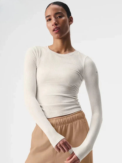 Women's Sports Quick Drying Fitness Yoga Top Simple Black White Long Sleeved Threaded T-shirt Fashion Solid Color Cotton T-shirt