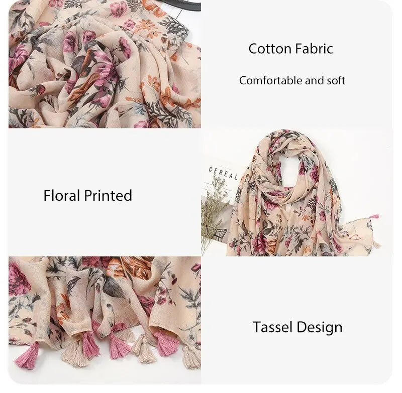 Fashion Printing Flower Tassel Shawl Cotton Viscose Scarf Women Beach Sunscreen Shawl Muslim Hijab Wrap Headscarf 180*90cm - AMULET RING STORE