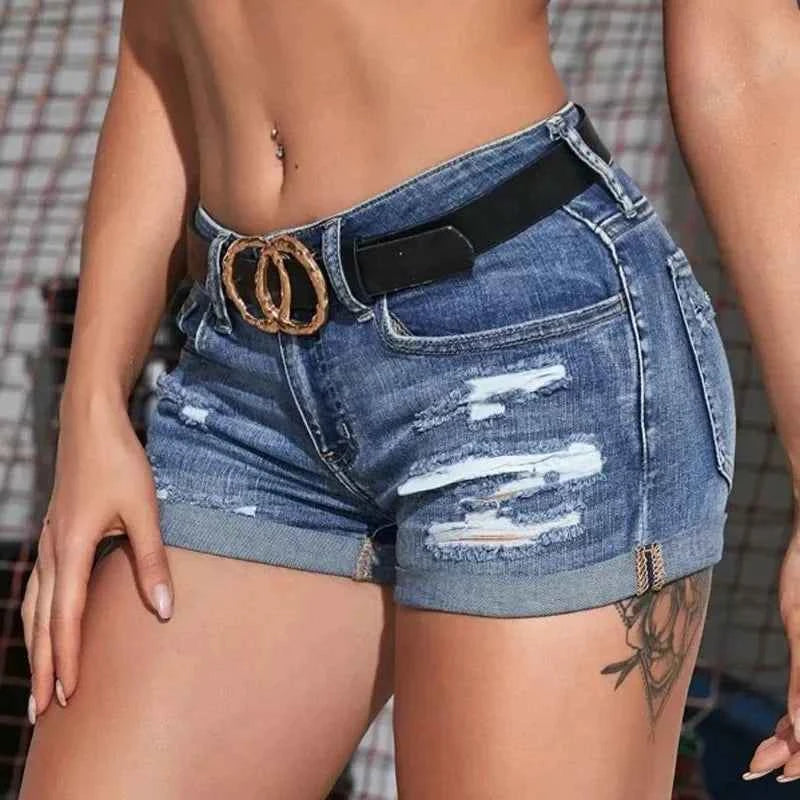 Women's Split Denim Shorts Summer Beach Wild Fashion Sexy Mid Waist Curled Cuff Perforated Elastic Slim Fit Casual Shorts