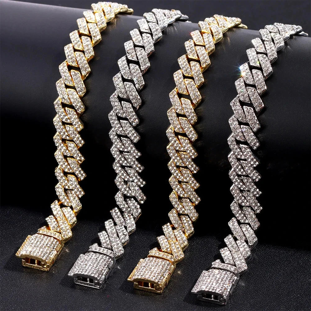 Iced Out Bling AAA Rhinestones Prong Cuban Link Chain Men's Necklace 2 Row Crystal Curb Cuban Chain Hip Hop Jewelry 13/14/20MM - AMULET RING STORE