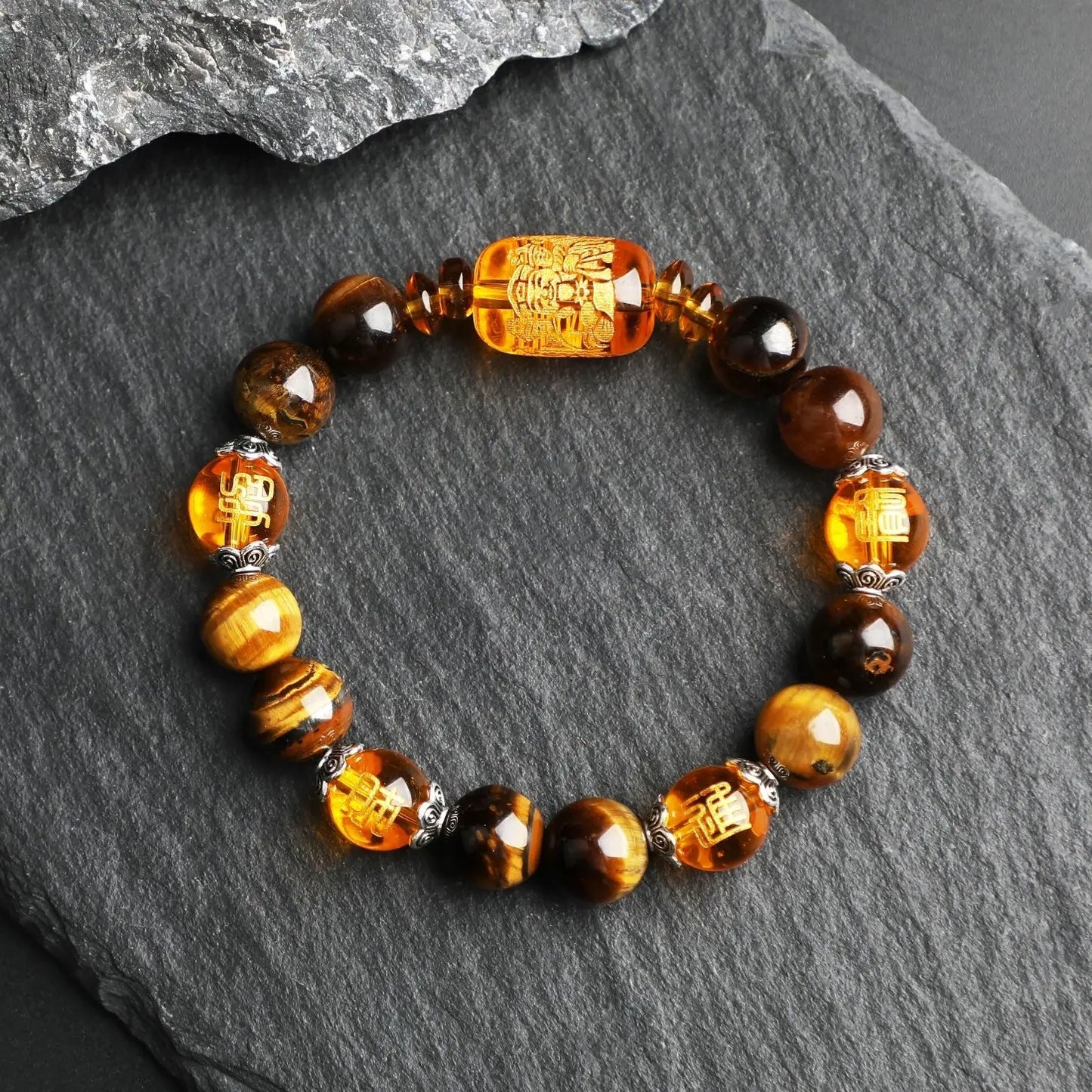 Natural Tiger's Eye Stone Three-sided God of Wealth Bracelet Auspicious Lucky Lucky Safe Men's and Women's Hand String Couple's