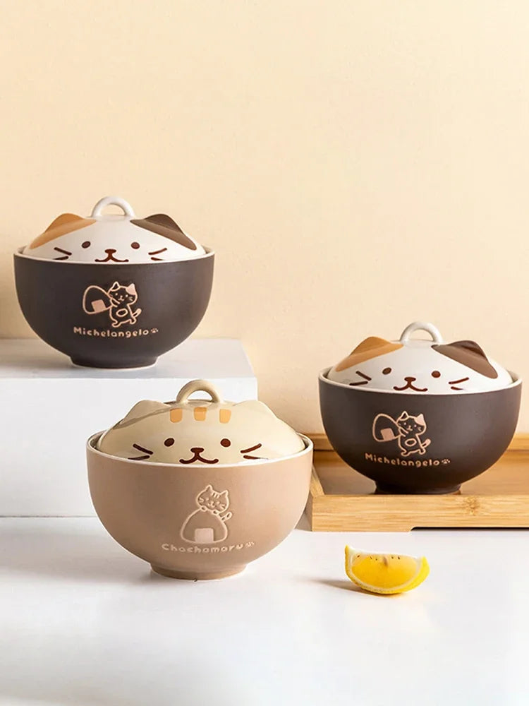 550ml Cartoon Cat Ceramic Instant Noodle Bowl With Lid Underglaze Color Soup Salad Bowl Kitchen Office Student Lunch Box 1pcs - AMULET RING STORE