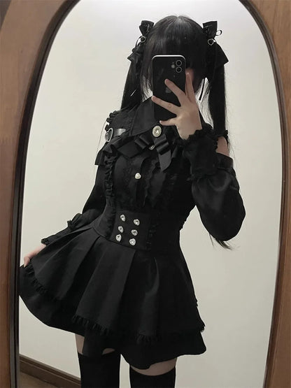 Sweet Gothic Lolita Two Piece Set, Off Shoulder Blouse + High Waist Skirt, Kawaii Tri-color Lace Coord Outfit for Women & Teens