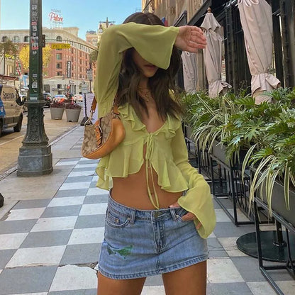 Vintage 90s Streetwear Ruffles Trim Green Chiffon T-shirts Y2K Fashion Sexy Deep V Lace Up Long Sleeve Tops Transparent - AMULET RING STORE