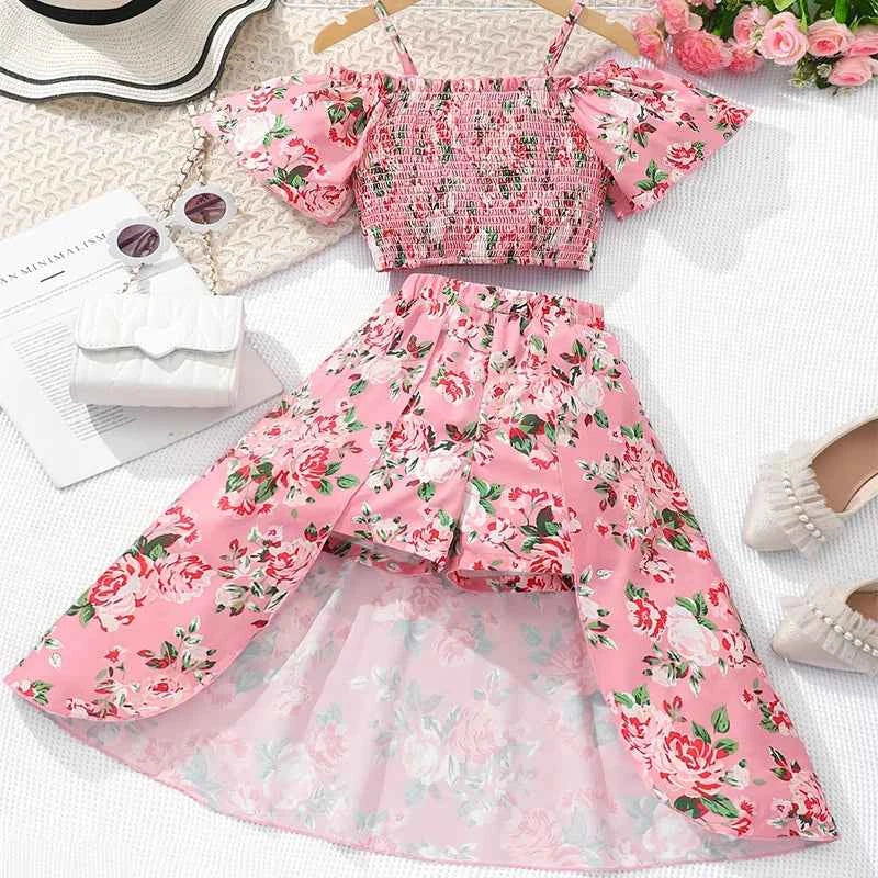 Two Piece Summer Girl Cute Breathable Shoulder Strap Printed Short Sleeved Skirt Pants Princess Birthday Party Costume Set