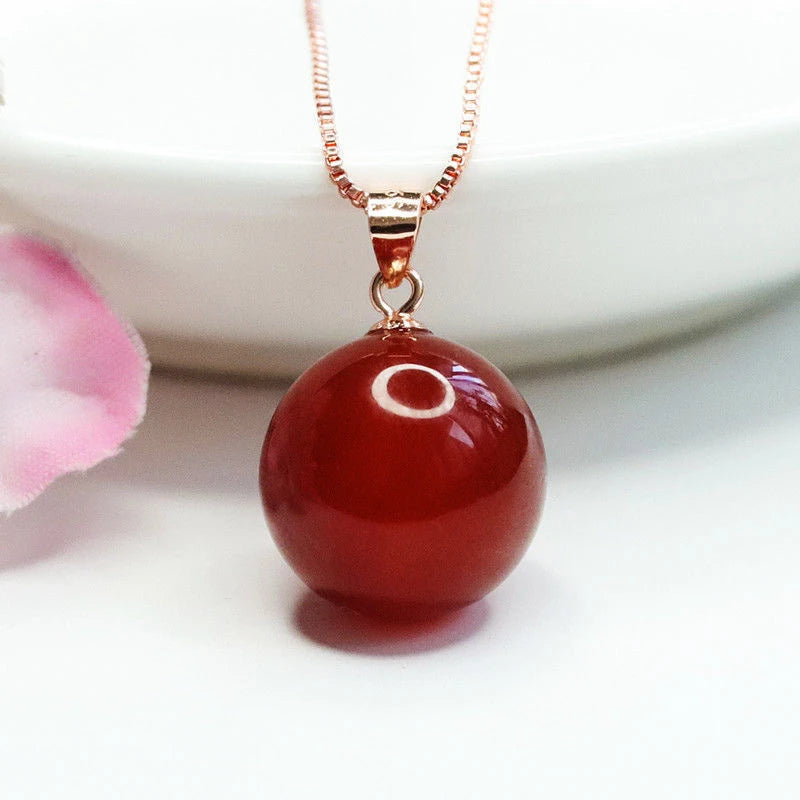 wholesale nature Red Agate Round Bead Pendant necklace 925 Silver Plated brass Clasp Head Women's Fashion Jewellery