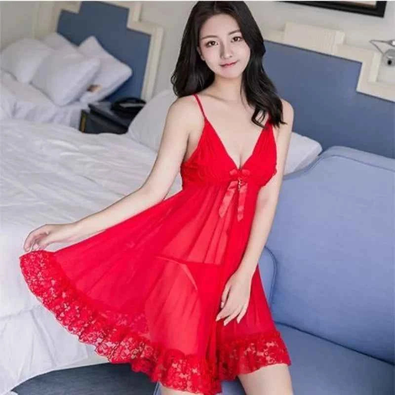 Sexy Sleepwear Women V-neck Nightgown Sexy Nightdress Lace Mesh Pajama Loungewear Summer Dress Nightwear Night Wear