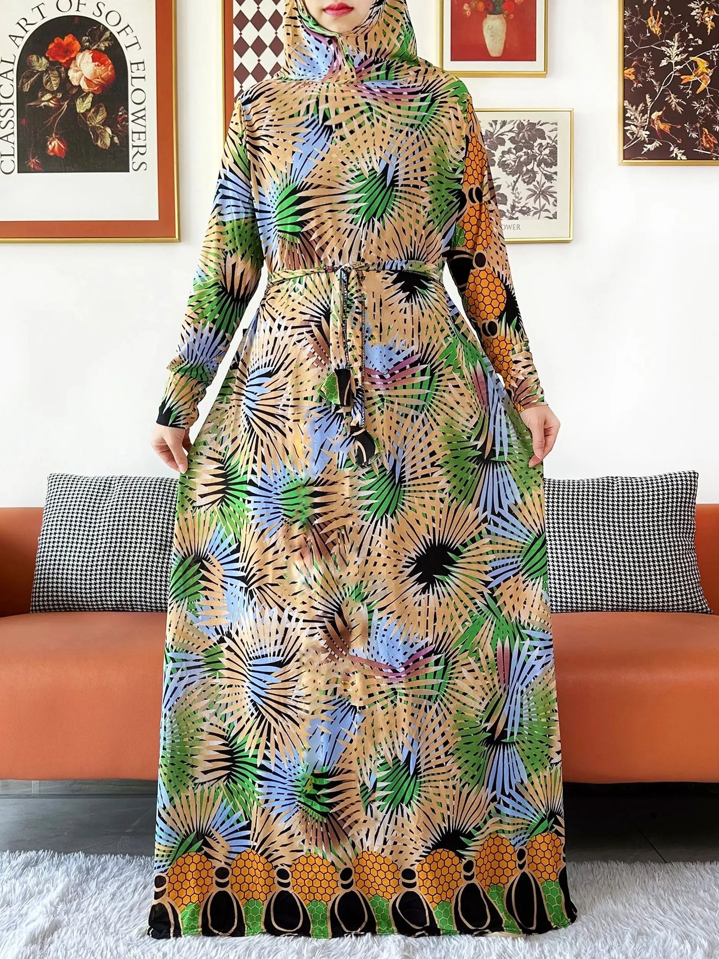 2025 Floral Ramadan Muslim Dress Solid Color Khimar Kaftan Abaya Robe with Attached Hijab Middle East Prayer Garment for Women - AMULET RING STORE