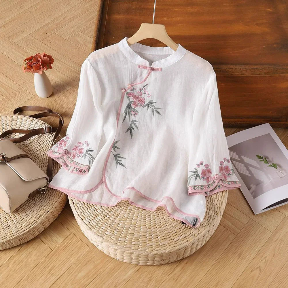 Casual Loose Blouse Shirt Women Clothes Summer Cotton Linen Ladies Tops Tee Blusas Vintage Embroidery Woman Shirt Camiseta Mujer