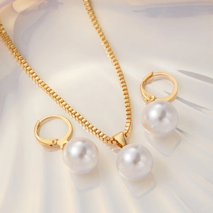 LATS 3 Pcs/Set Round Pearl Pendant Necklace For Women Exquisite Fashion Rhinestone Double  Earring Wedding Jewelry Set Gift