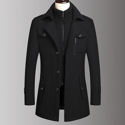 Men's Double Collar Wool Coat  Fashion Handsome Autumn Winter Business Style High Quality Middle-aged Men's Fashion Woolen Coat